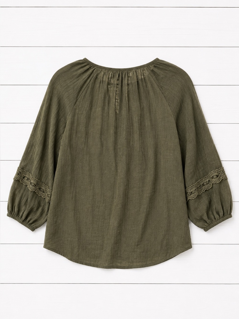 Iyla Olive Green Boho Blouse | Size Medium | Lace Sleeve Peasant Top - Picture 4 of 6